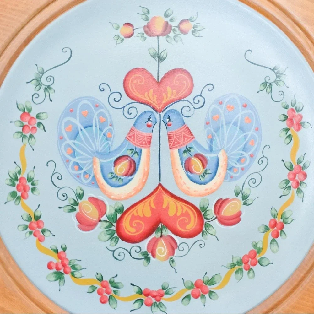 Vintage Norwegian Rosemaling Dove Heart Hand Painted Wooden Wall Plaque